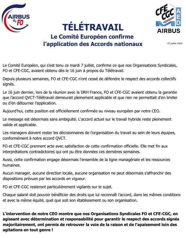TÉLÉTRAVAIL, AIRBUS confirme l’application des Accords nationaux