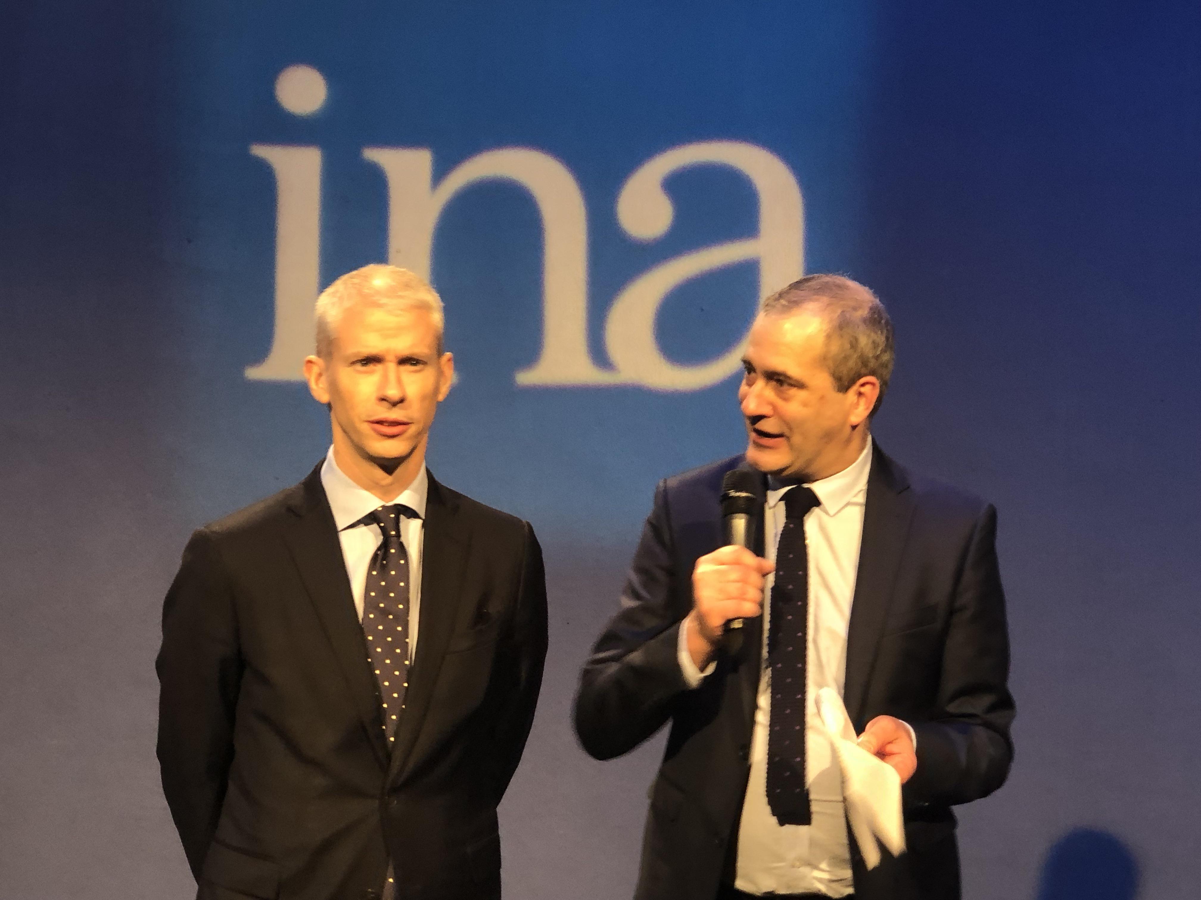 Franck Riester (ici avec le président de l'INA Laurent Vallet), plaide pour un audiovisuel public fort. Photo FQ / La Lettre Pro de la Radio