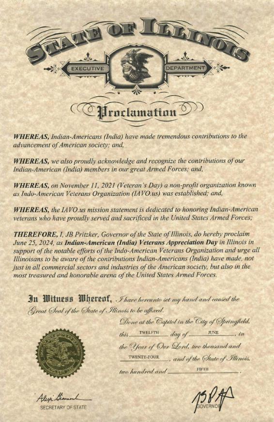 Historic: Illinois State Announces June 25 as Indian-American Veterans Day!