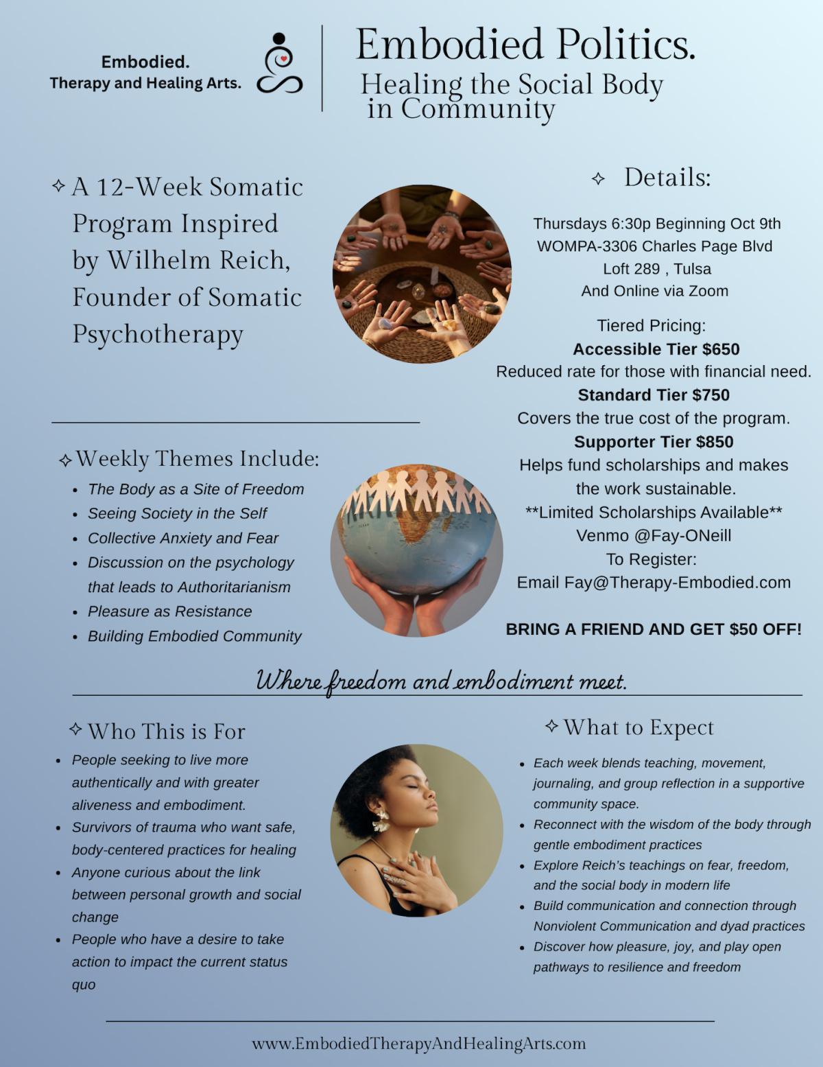 Embodied Politics : Healing the Social Body in Community (12 Week Program @ 6:30pm)