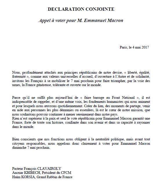 France: Les autorités juive, protestante et musulmane appellent ensemble à voter Macron(Communiqué)