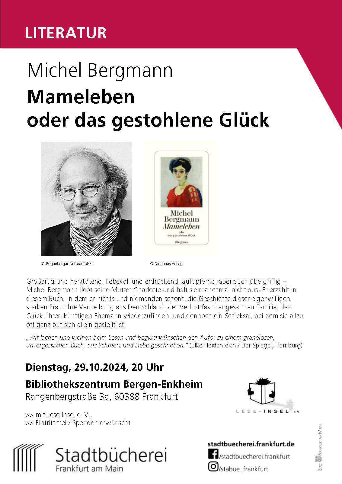 Lesung im Bibliothekszentrum: Michel Bergmann liest aus "Mameleben - oder das gestohlene Glück"