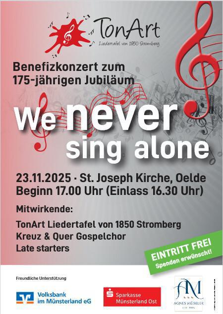 "We never sing alone" Benefizkonzert zum 175- jährigen Jubiläum von TonArt Liedertafel 1850 Stromberg
