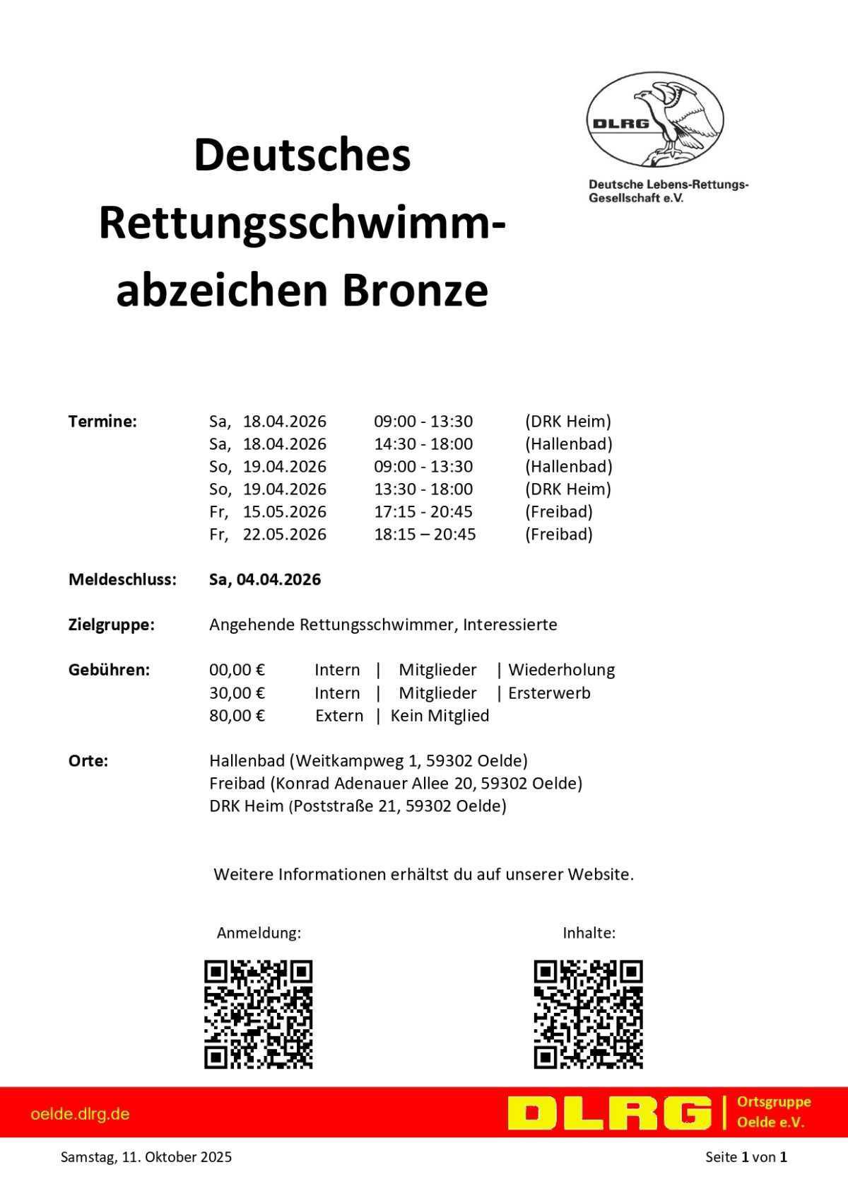 Kurs: Deutsches Rettungsschwimmabzeichen Bronze und Silber