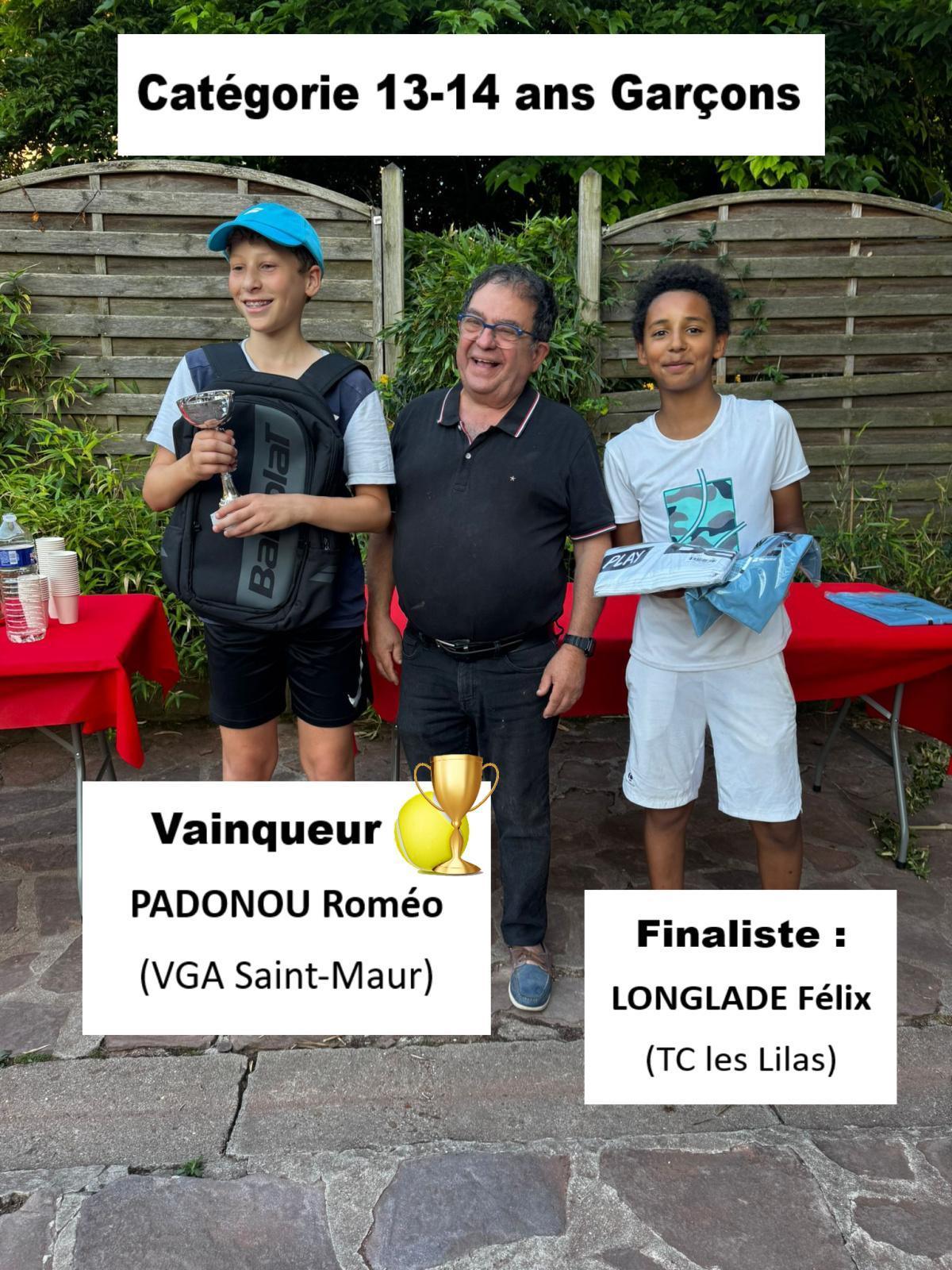 OPEN TC PEREUX 13-14 ans Vainqueur Roméo Padonou OPEN TC PEREUX 13-14 ans Vainqueur Roméo Padonou