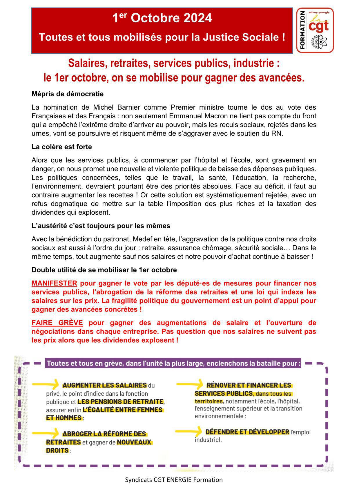 Appel à la grève, le 1er Octobre on se mobilise pour les salaires, les retraites les services publics et l'industrie !