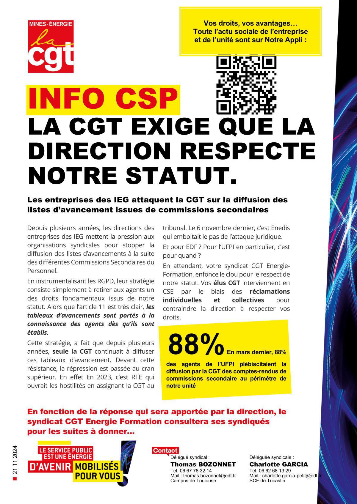 CSP, la CGT exige que la direction respecte notre statut