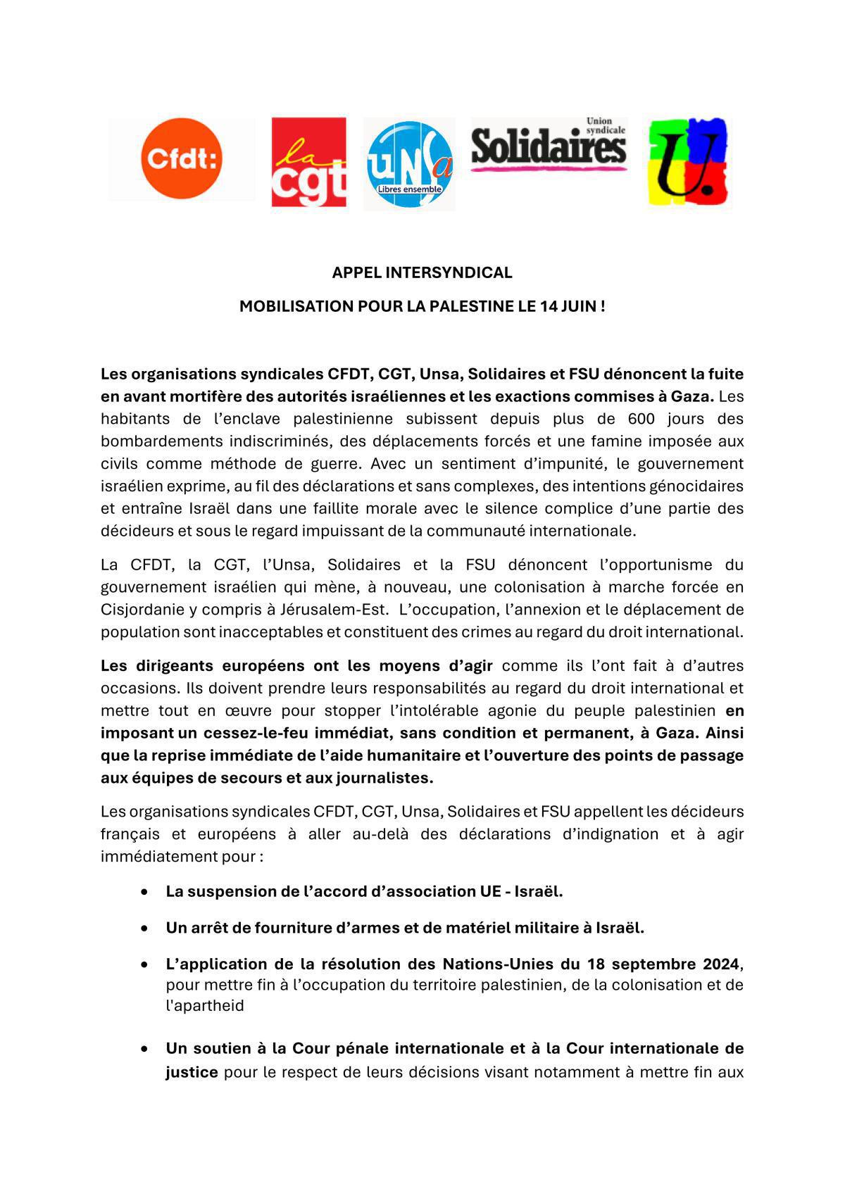Le 14 juin appel intersyndical à mobilisation pour la Palestine