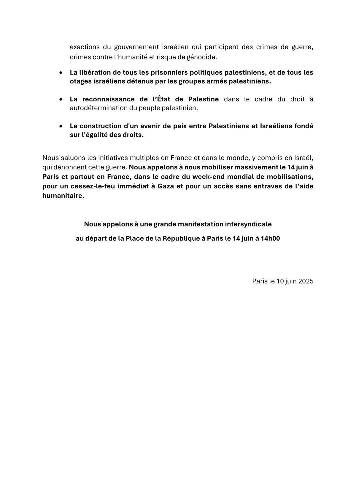 Le 14 juin appel intersyndical à mobilisation pour la Palestine