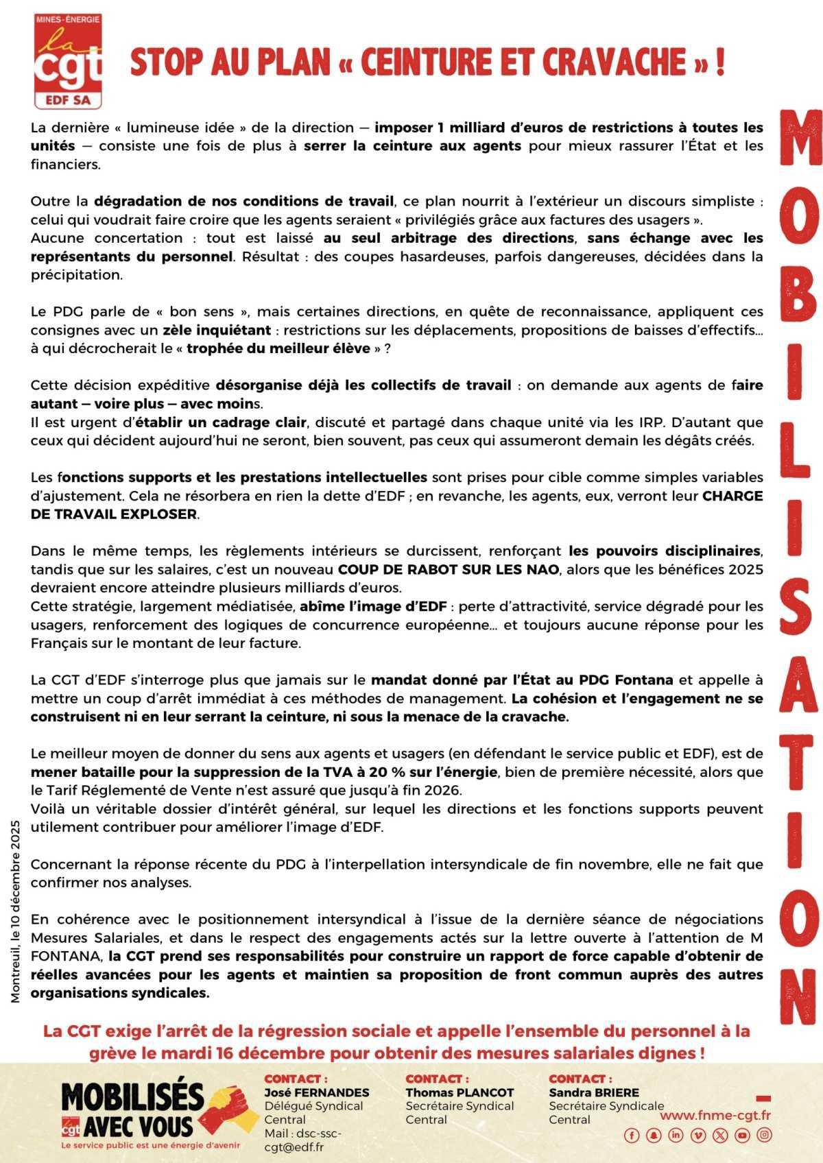 EDF demande aux agents de faire des miracles pendant que la direction économise sur leur dos.