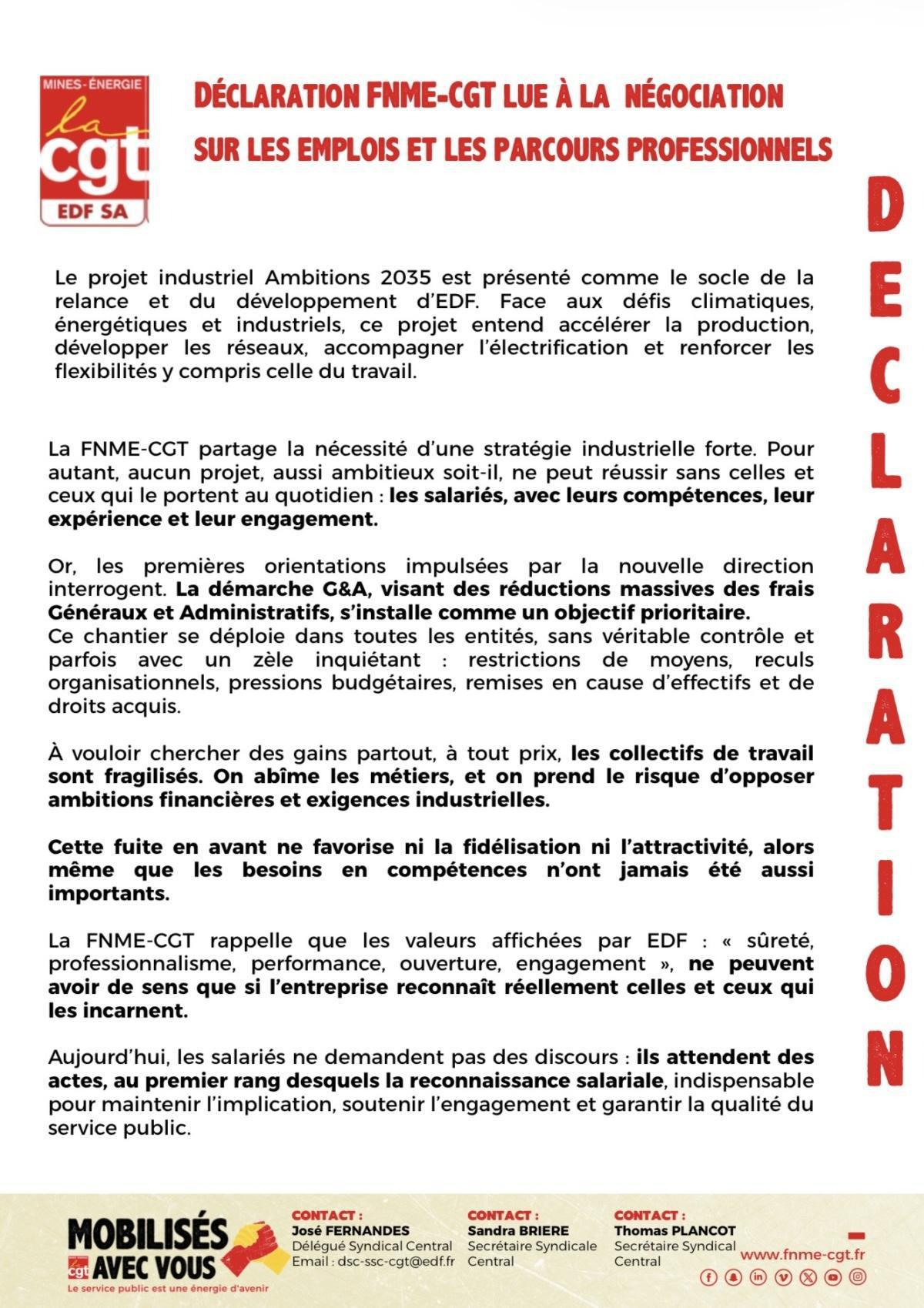Déclaration Fnme-CGT lue à la négociation sur les emplois et les parcours pro.