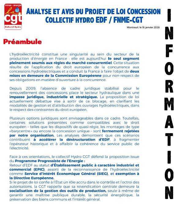 Analyse et avis projet de loi concession Hydro