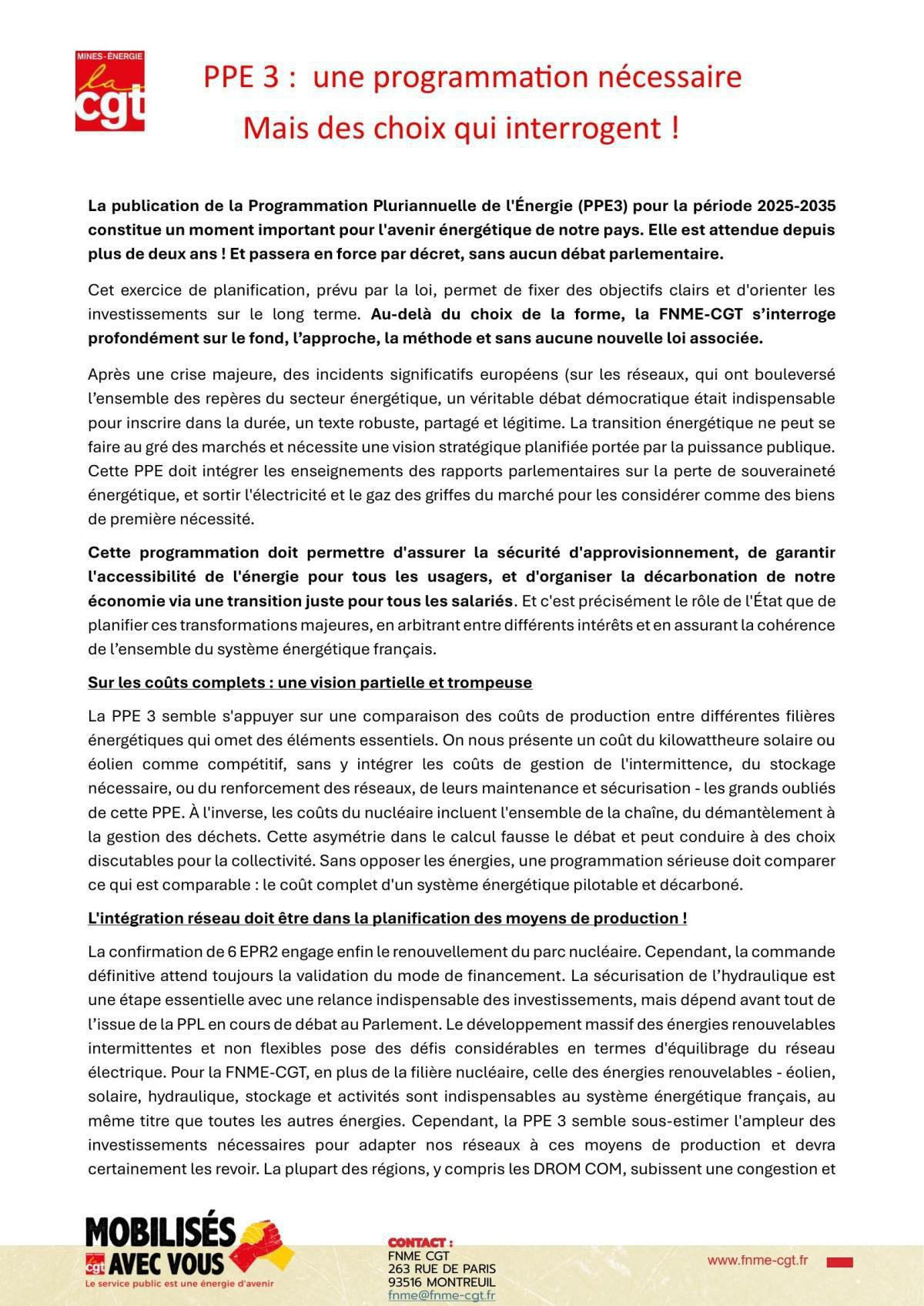 PPE3 : une programmation nécessaire mais contestée par la FNME‑CGT PPE3 : une programmation nécessaire mais contestée par la FNME‑CGT