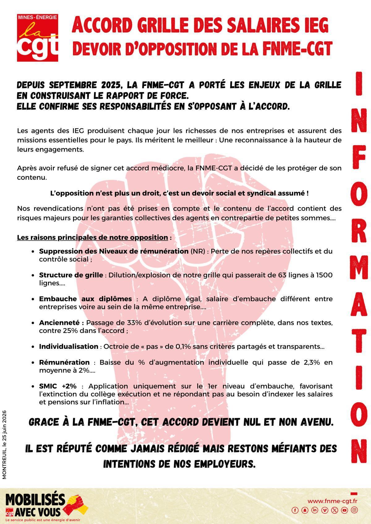 Accord Grille des salaires IEG, Devoir d'opposition de la FNME CGT