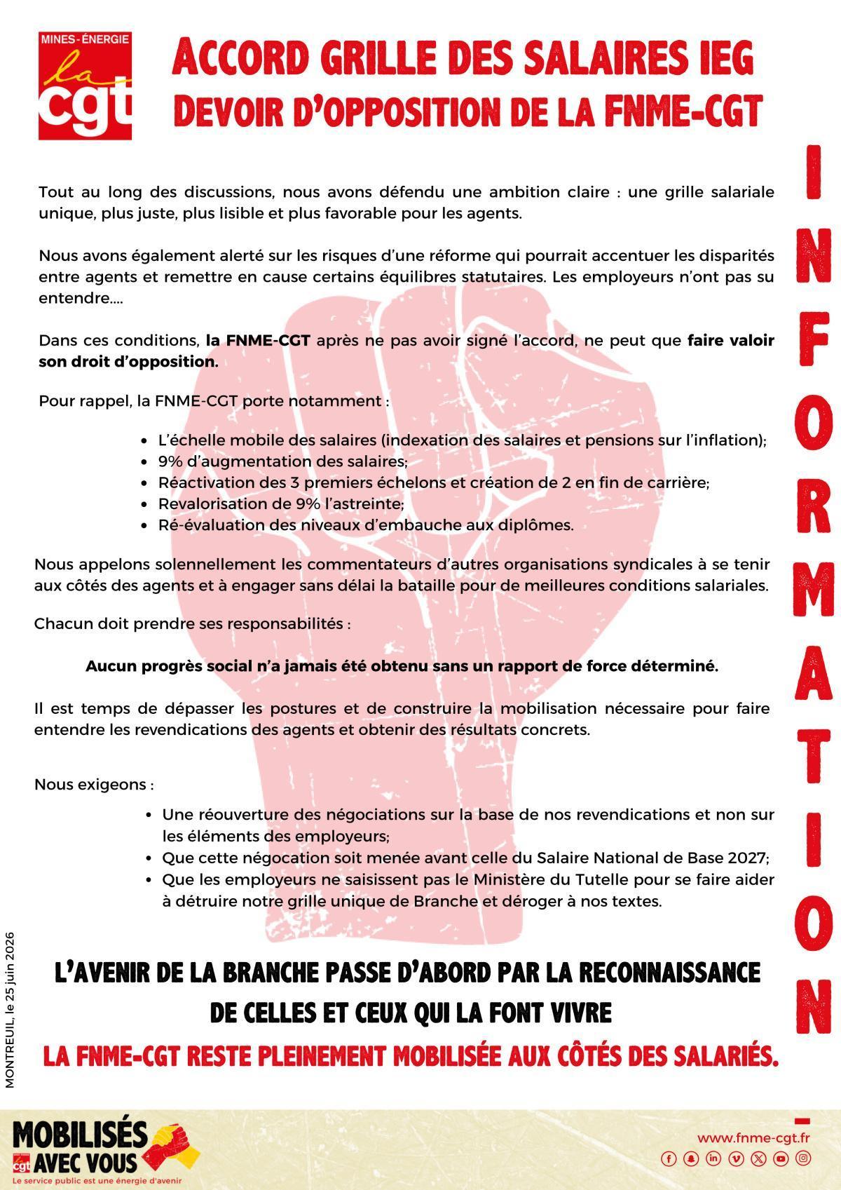 Accord Grille des salaires IEG, Devoir d'opposition de la FNME CGT