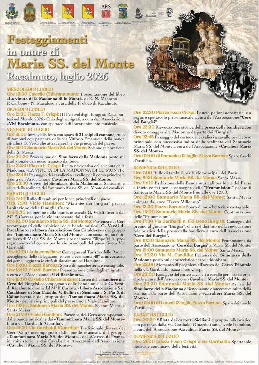 III Festival degli Emigrati Racalmutesi nel Mondo 2026 - Cilio degli emigrati- con spettacolo di intrattenimento musicale. (Inizio ore 21:30)