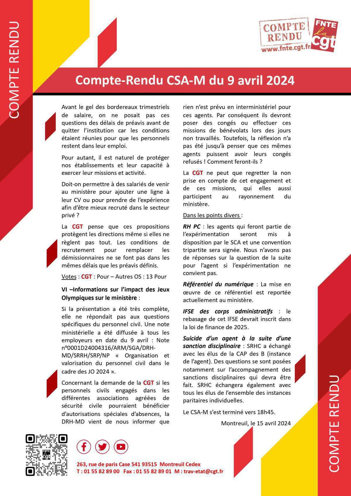 FNTE : Compte-Rendu du CSA-M du 09 avril 2024