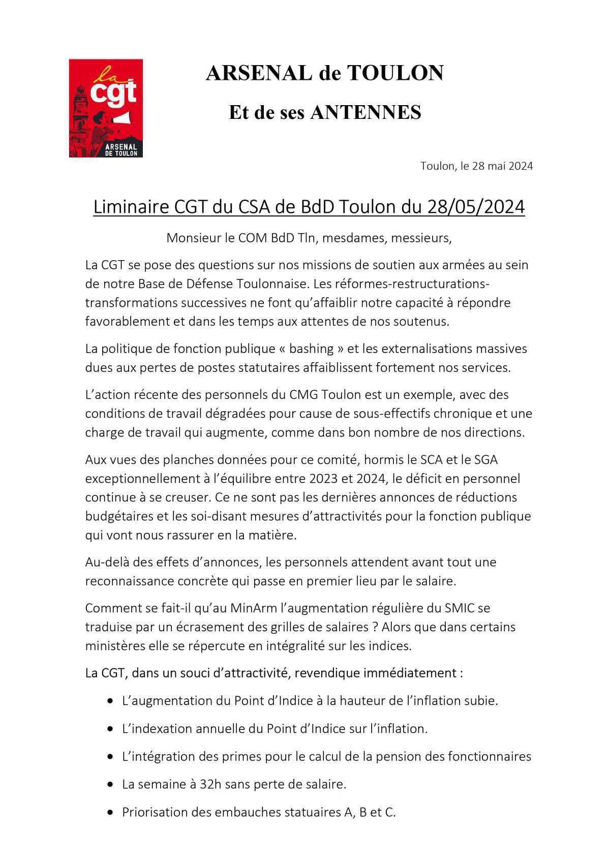 Déclaration Limaire du CSA de BdD du 28/05