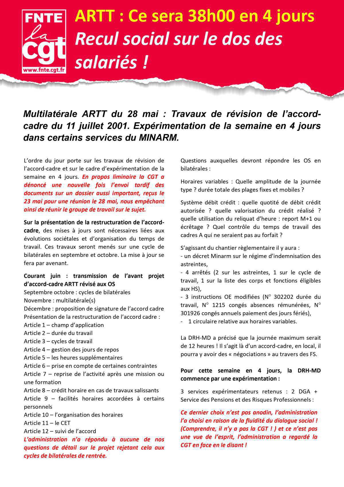 FNTE : ARTT, ce sera 38h00 en 4 jours