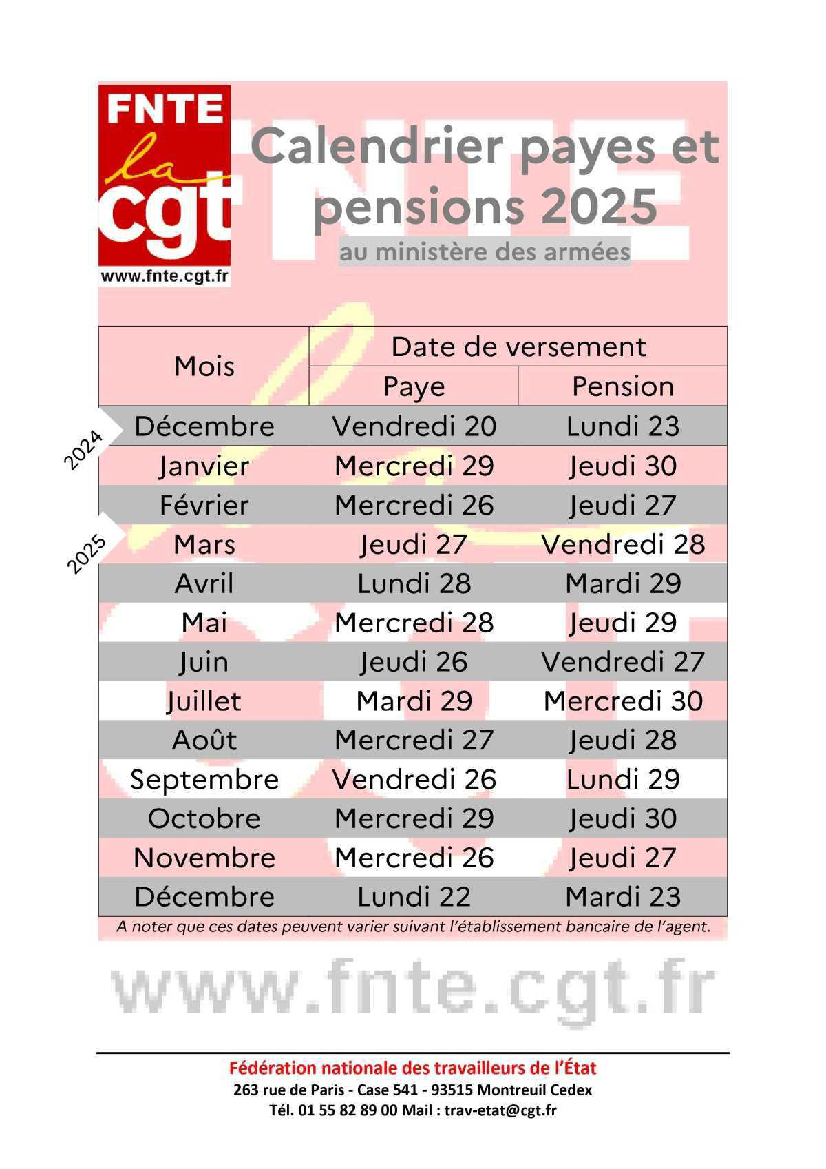 FNTE : calendrier payes pensions