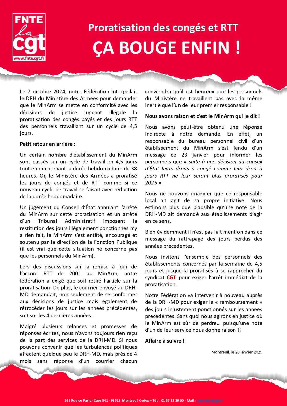 FNTE : ÇA BOUGE ENFIN !! Proratisation des congés et RTT. 