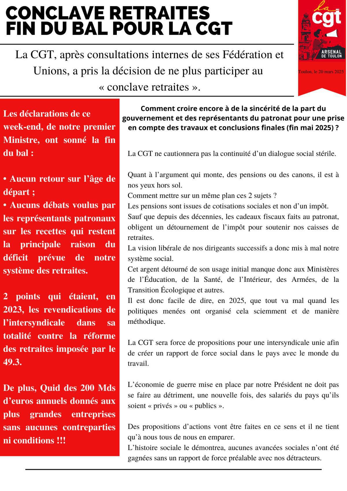 CONCLAVE RETRAITES FIN DU BAL POUR LA CGT