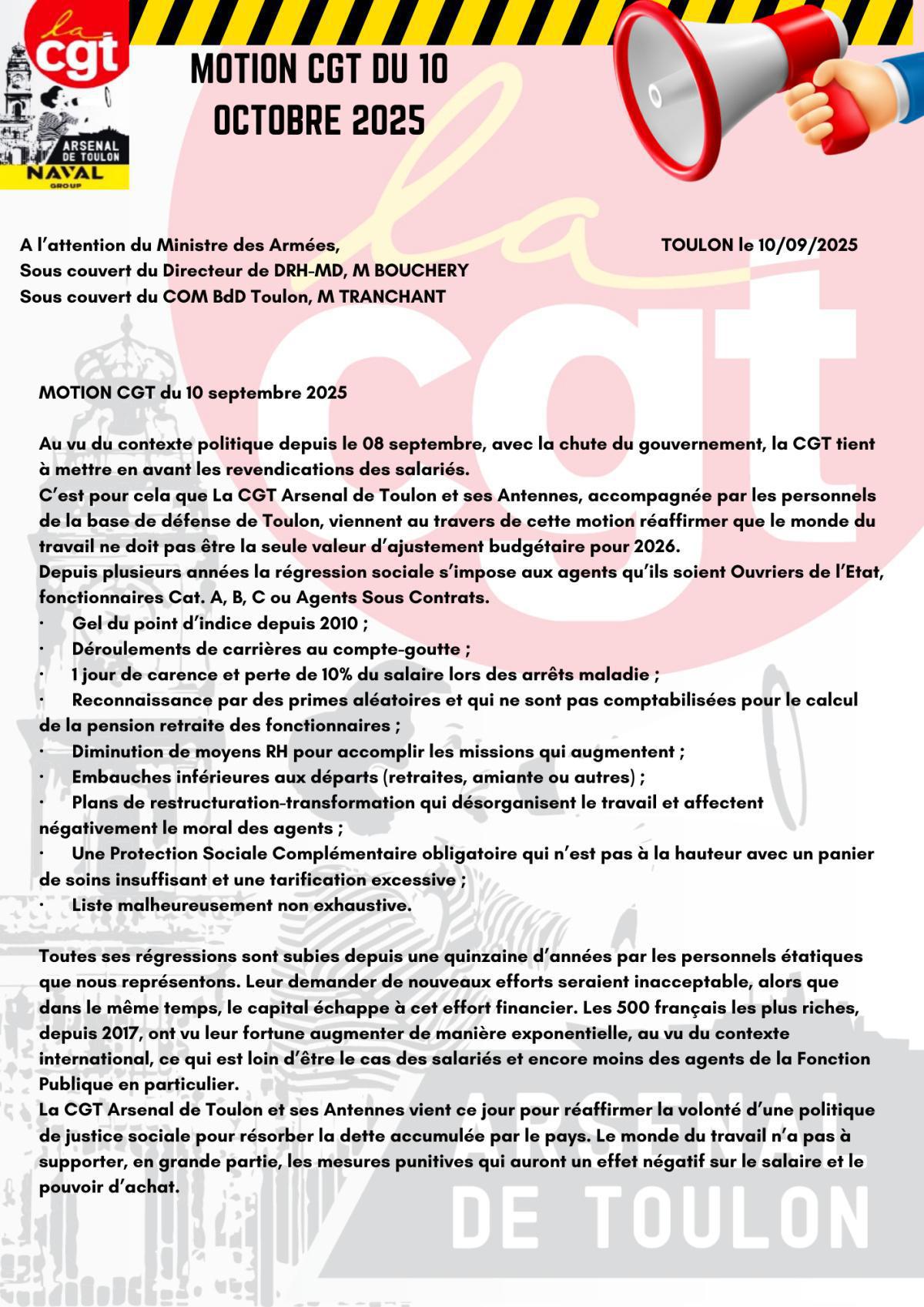 Motion CGT déposée en Préfecture Maritime le 10/09