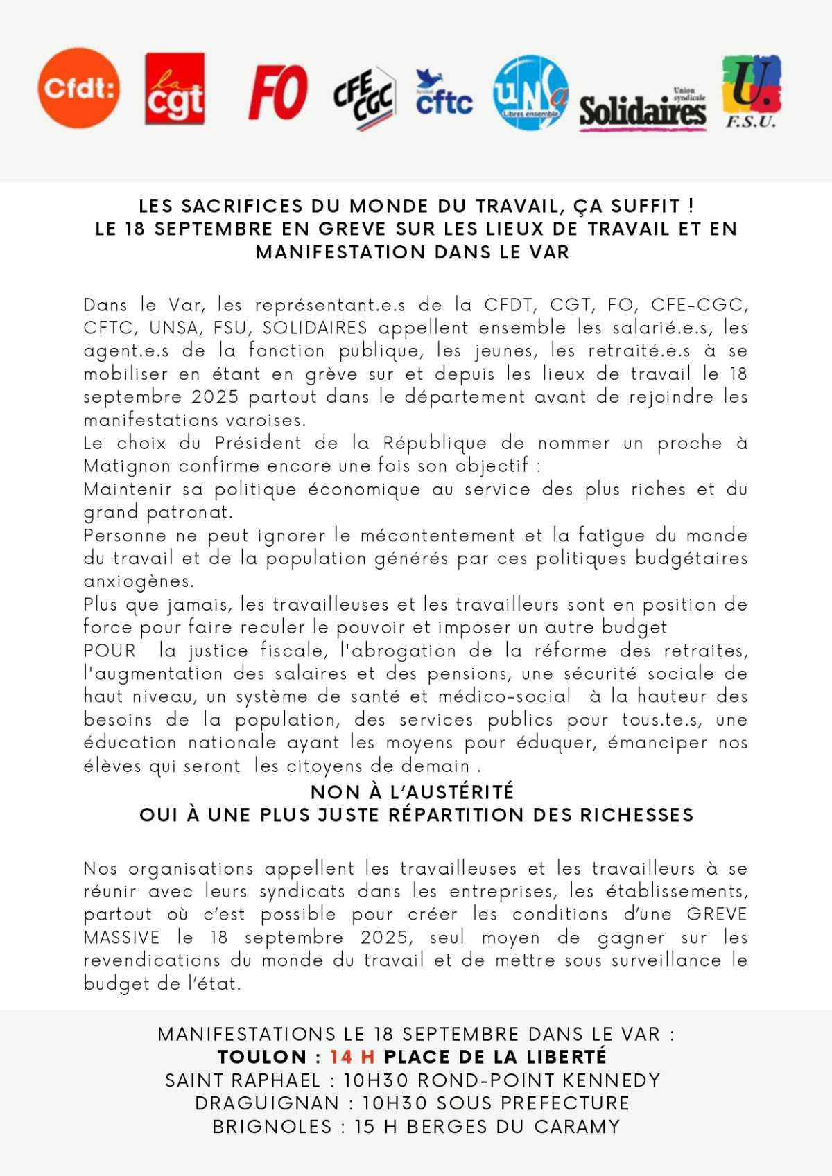 Grève et manifestation du 18 septembre !