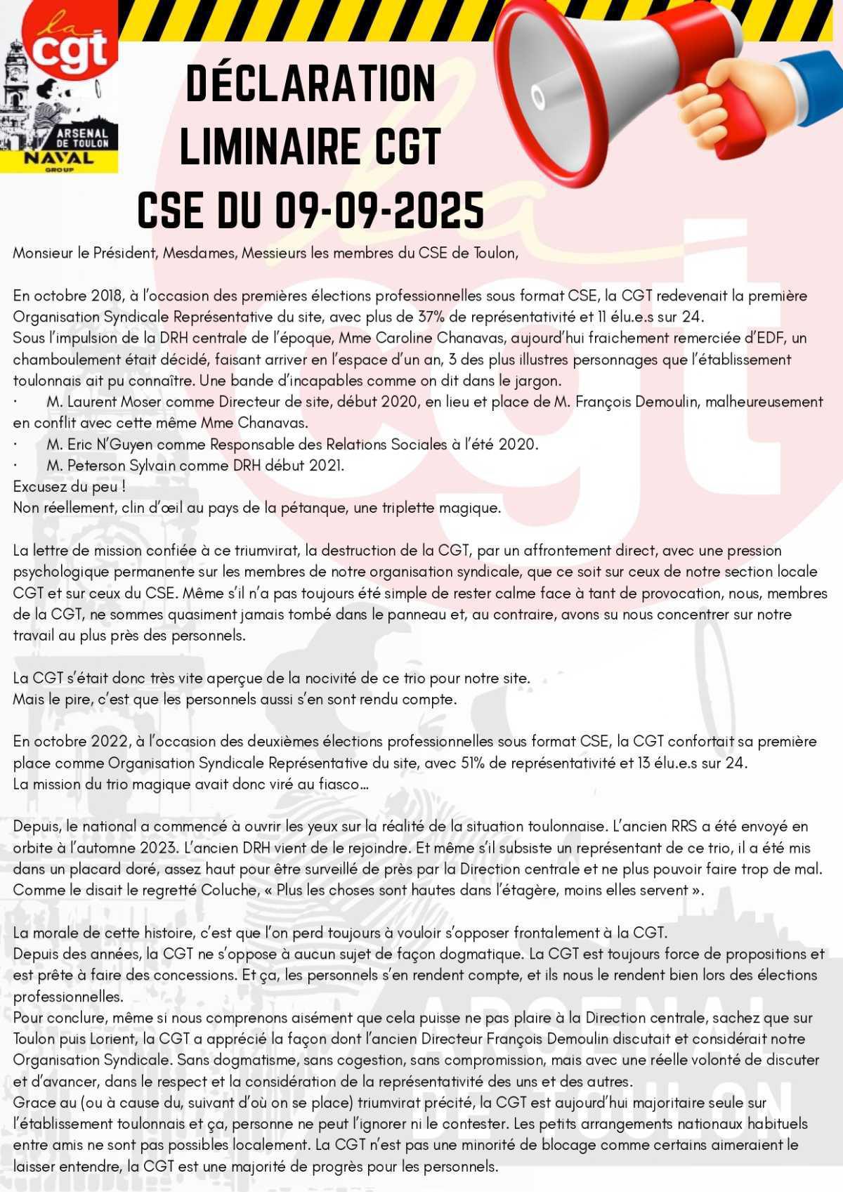 Déclaration liminaire CGT au CSE