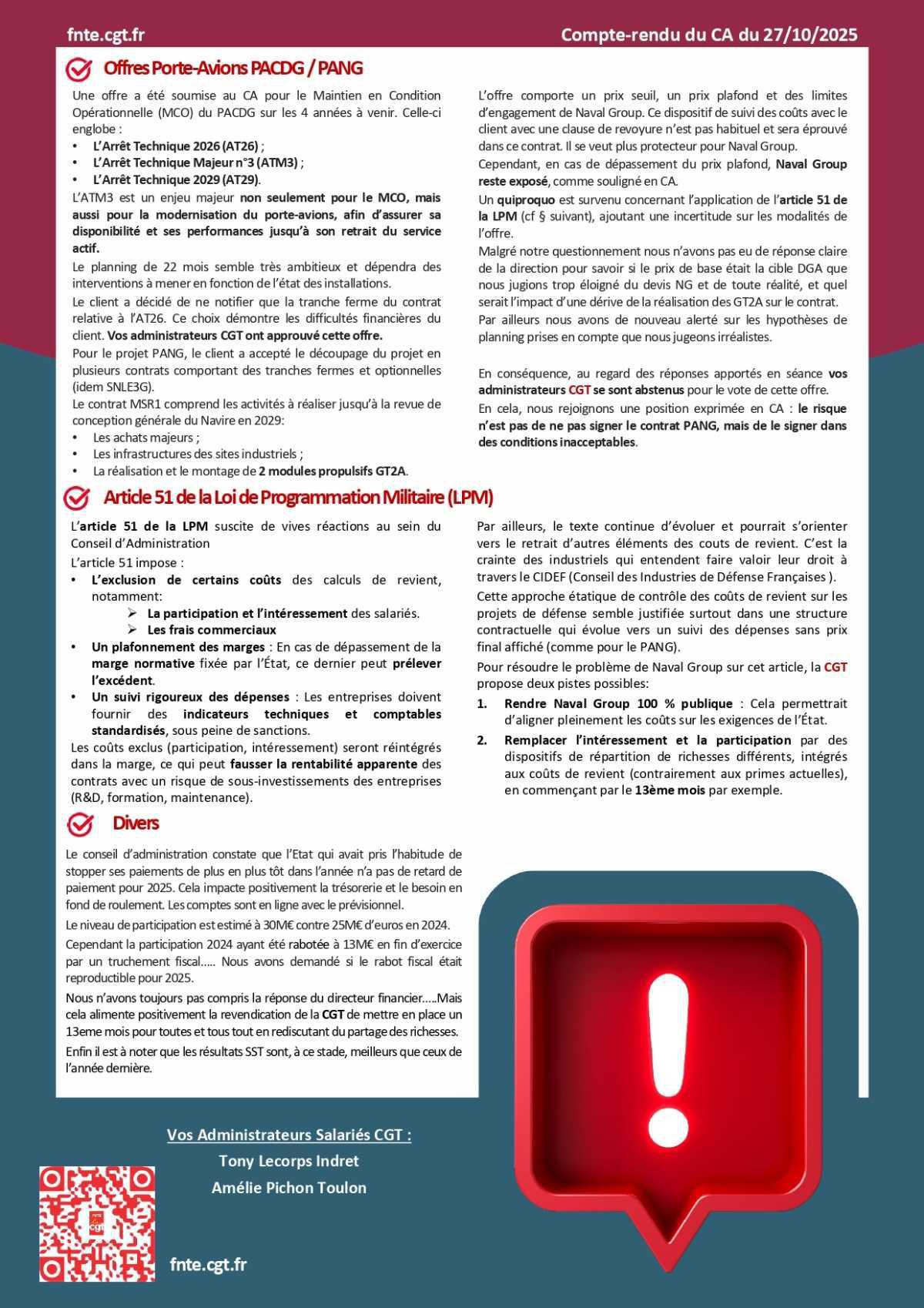 Compte rendu Conseil d'administration 27 octobre 2025