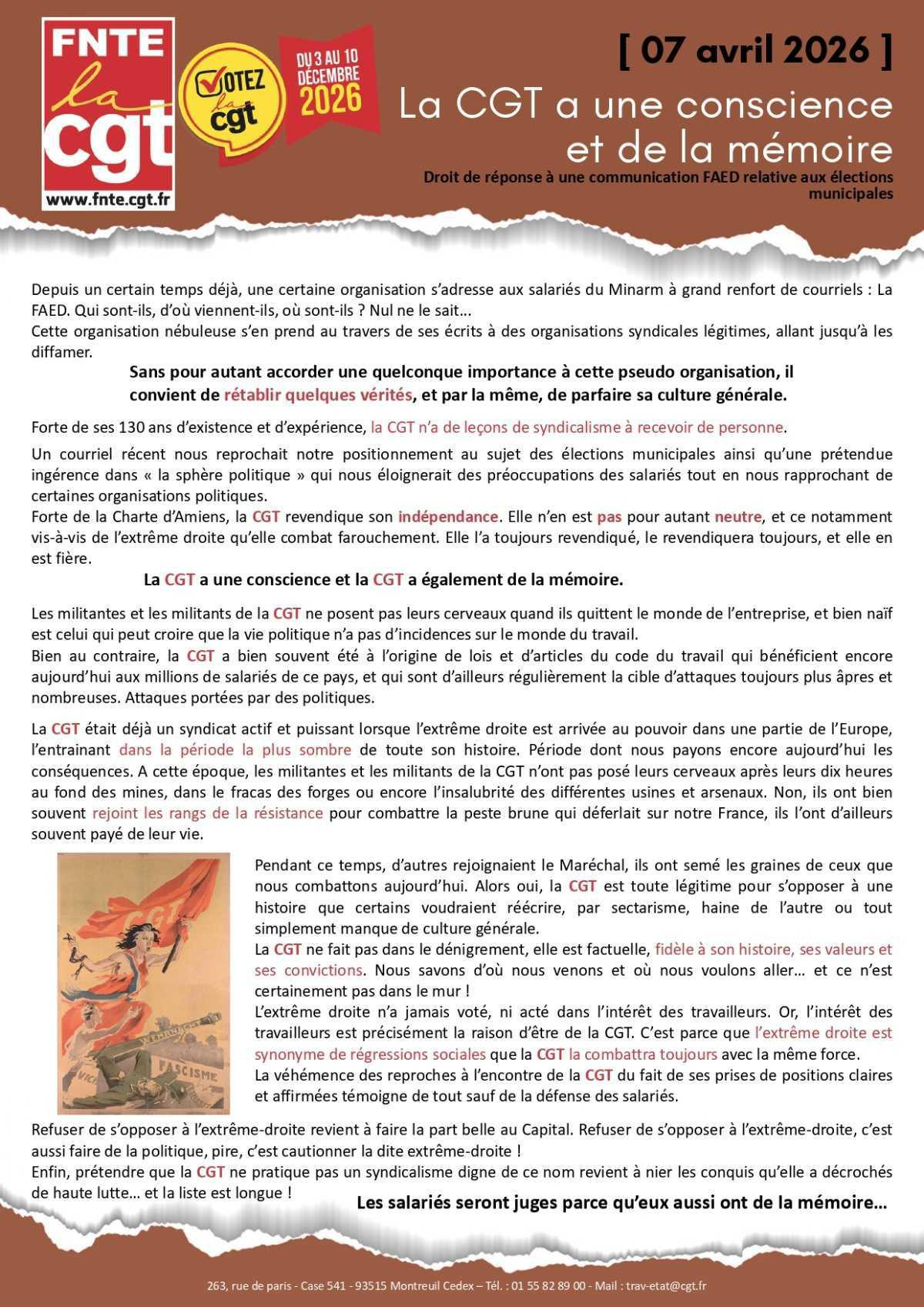 FNTE : Droit de réponse - CGT a conscience et mémoire