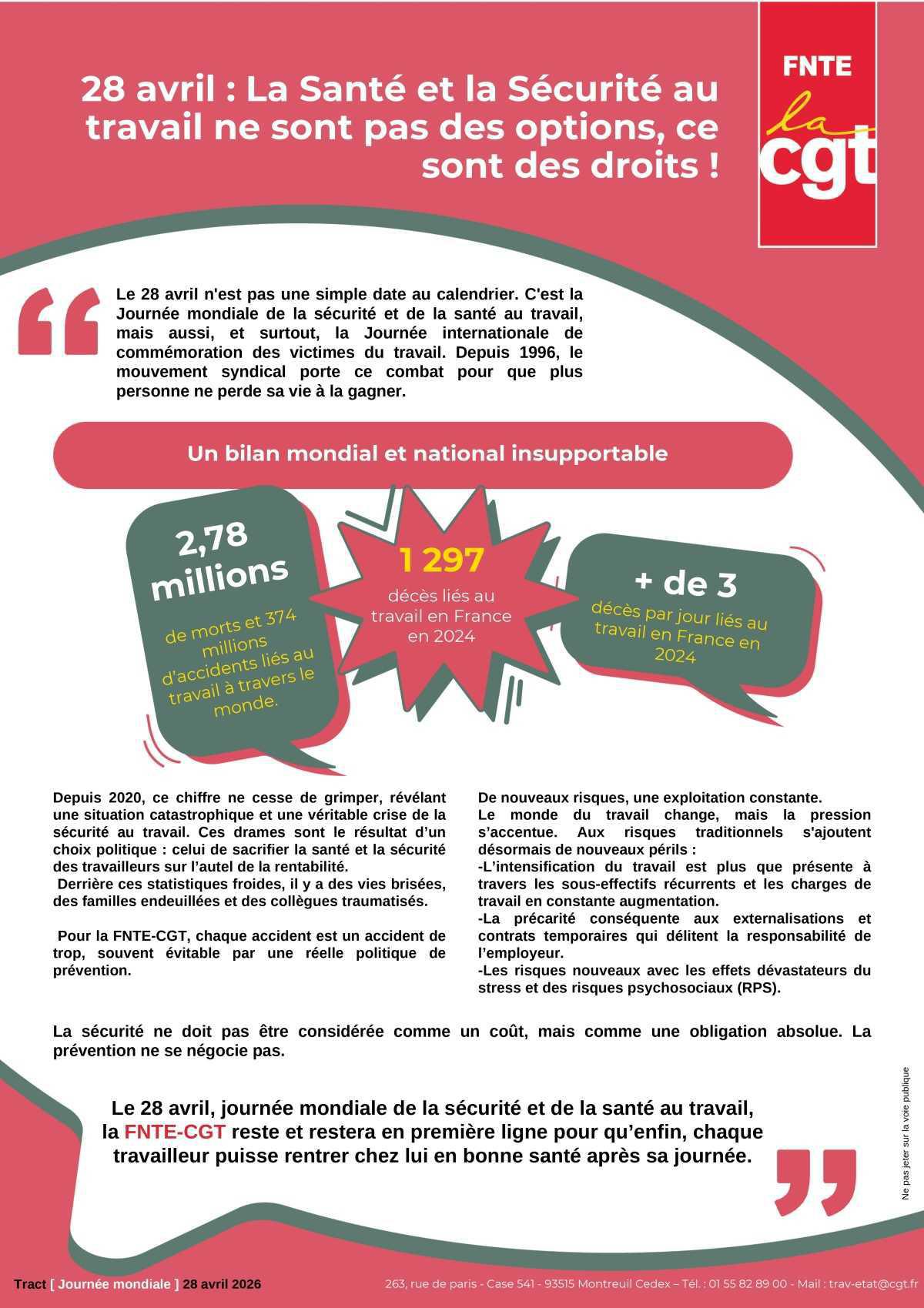 FNTE : 28 avril : La Santé et la Sécurité au travail ne sont pas des options, ce sont des droits !