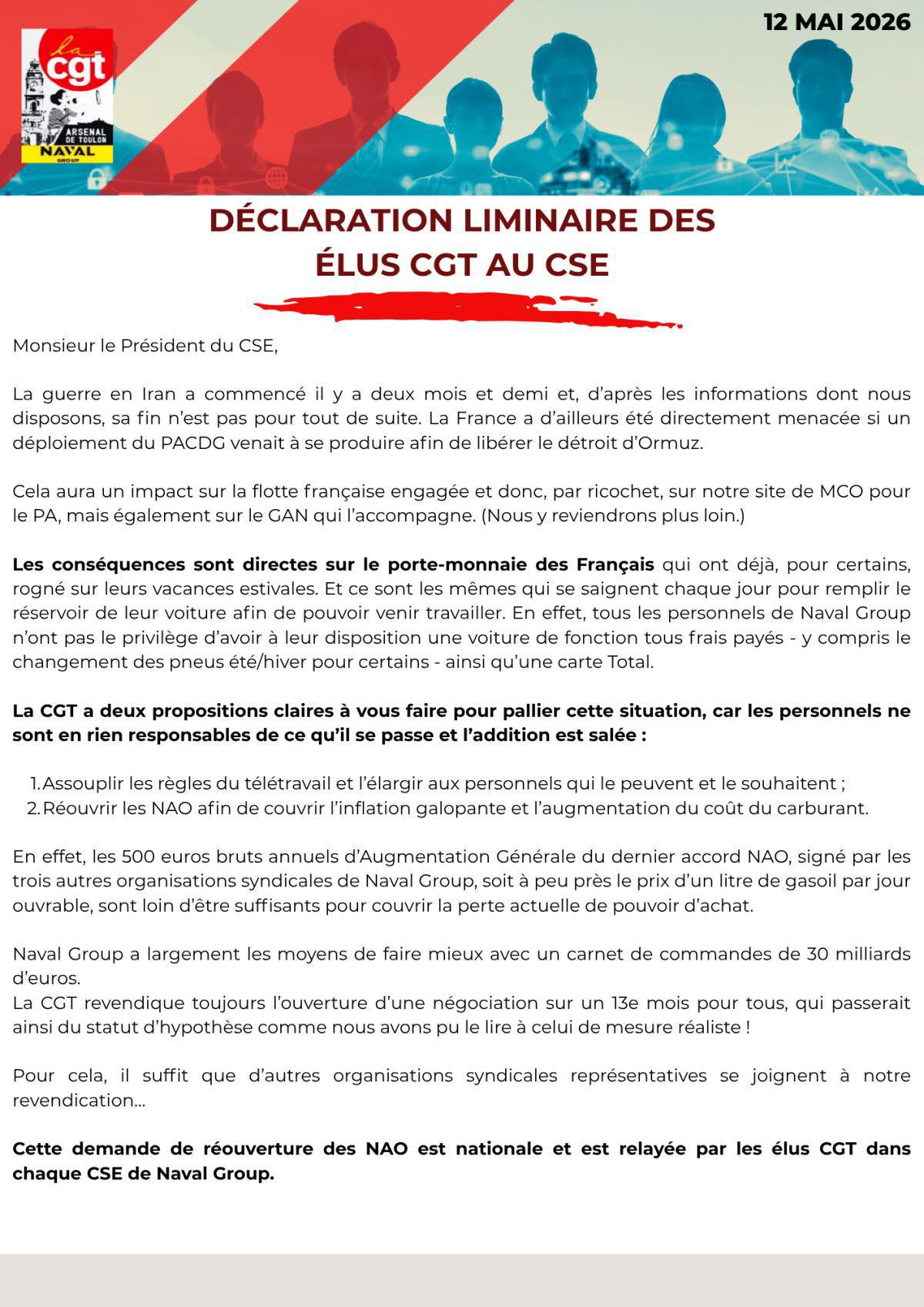 Déclaration des élus CGT au CSE du 12 mai 2026