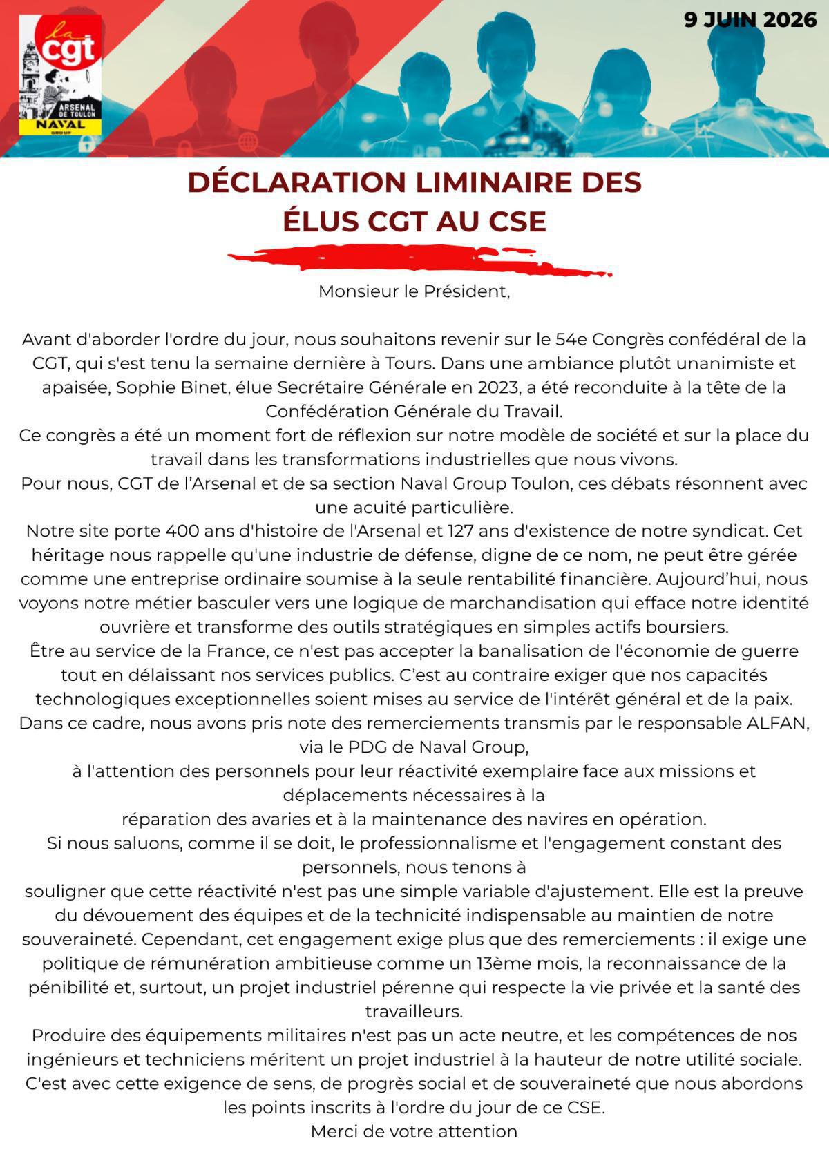 Déclaration liminaire CGT au CSE 9 juin 2026