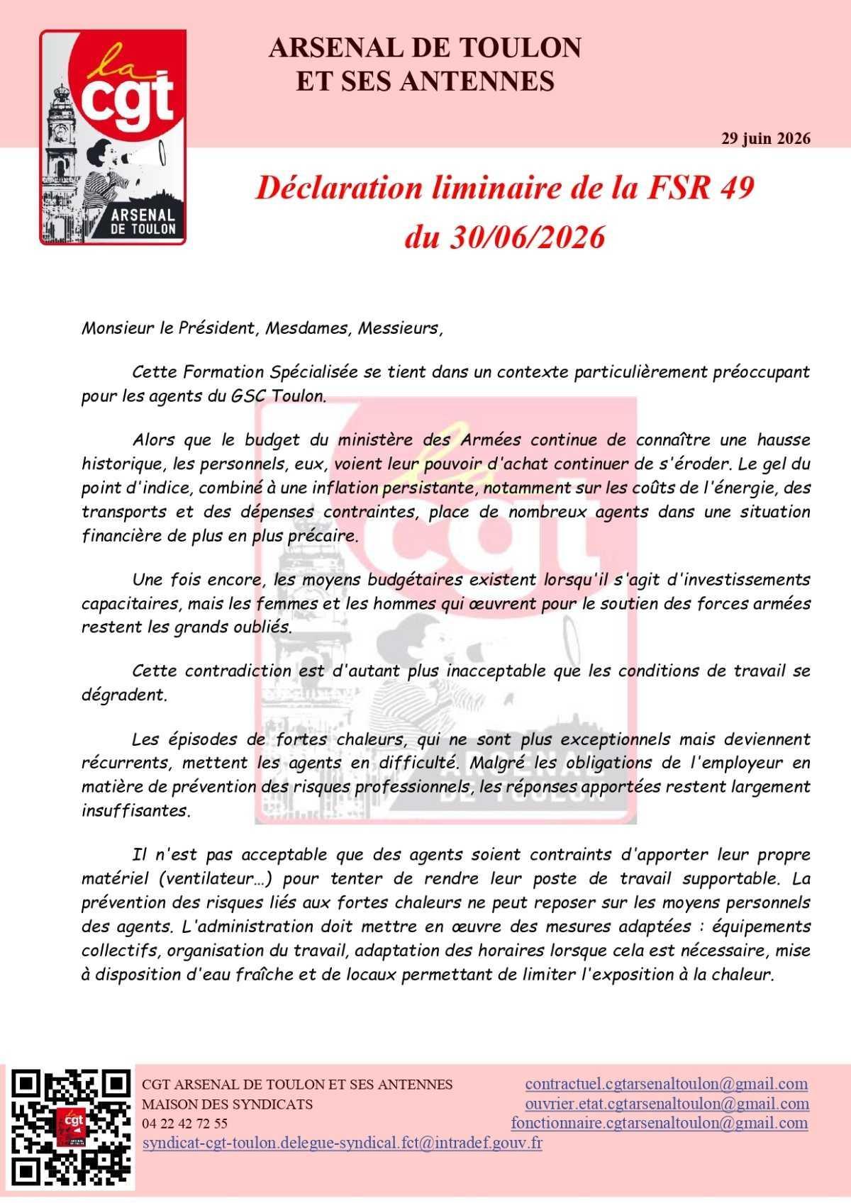 Déclaration liminaire de la FSR 49 du 30/06/2026