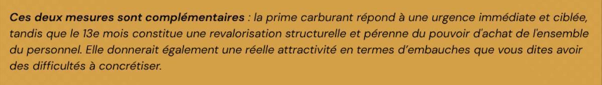 Demande d'ouverture de négociation relative à une prime carburant et à un 13e mois.