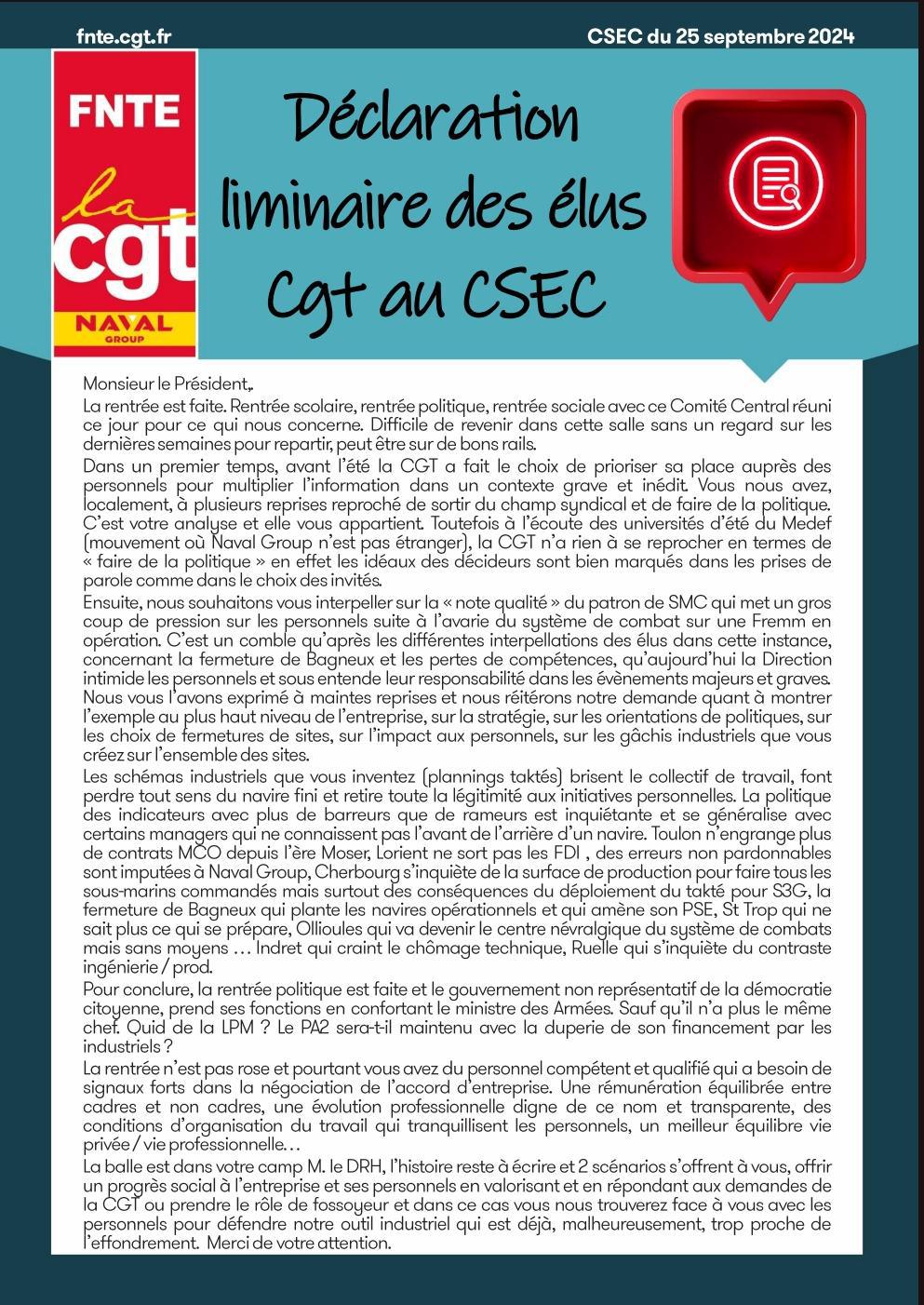 Déclaration liminaire au CSEC