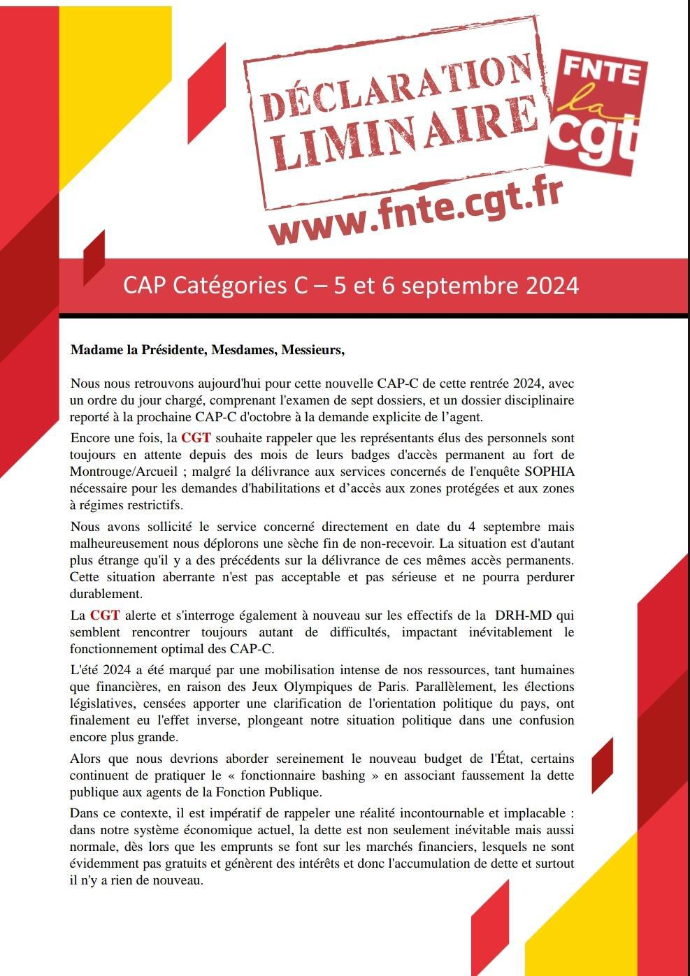 Déclaration Liminaire CAP-C des 5 et 6 septembre 2024