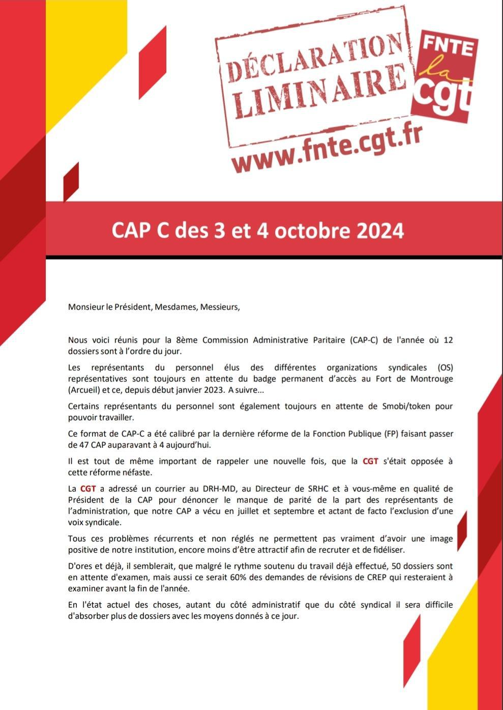 Déclaration Liminaire CAP-C des 3 et 4 octobre 2024