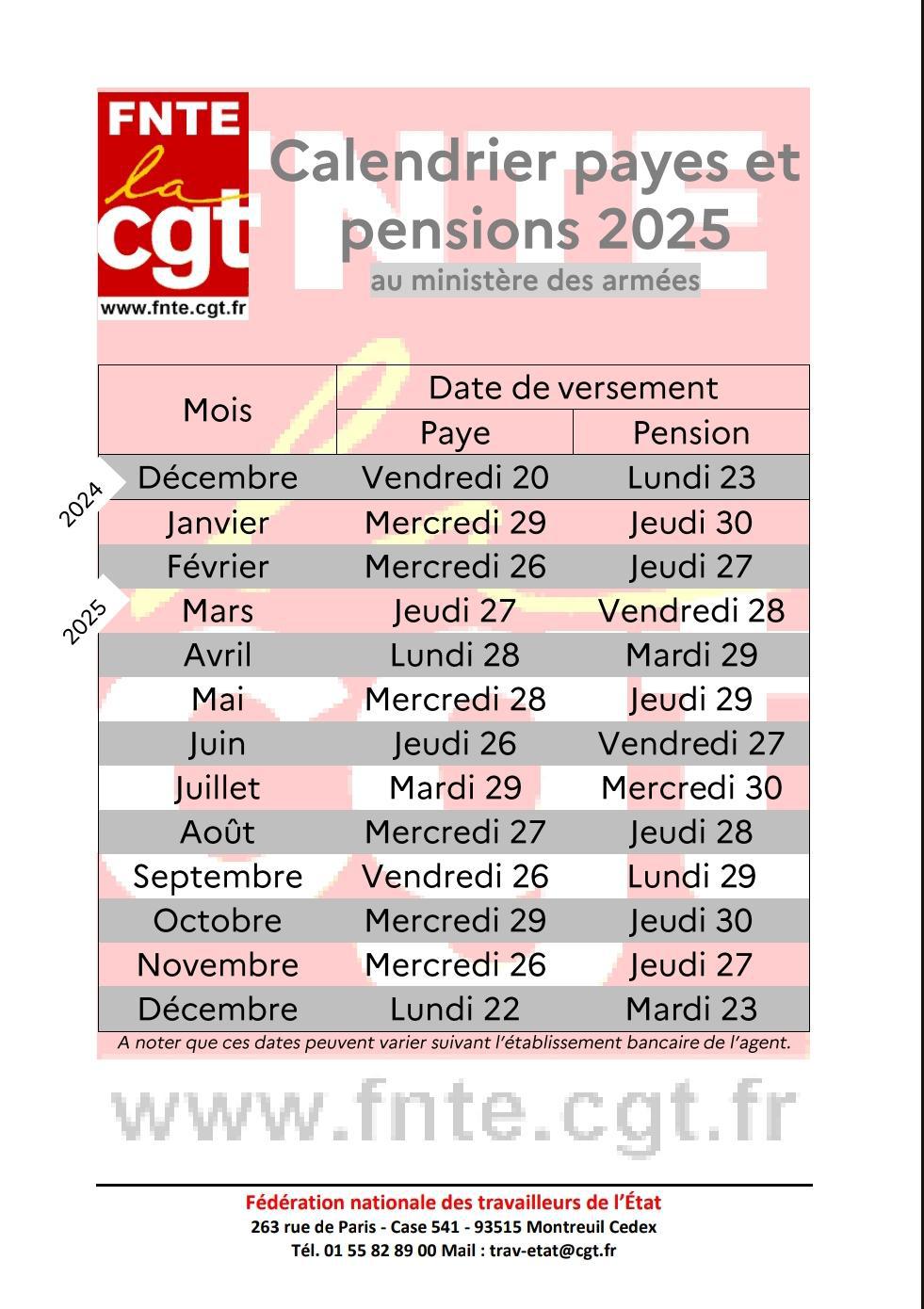 Calendrier payes et pensions 2025 ministère des armées 