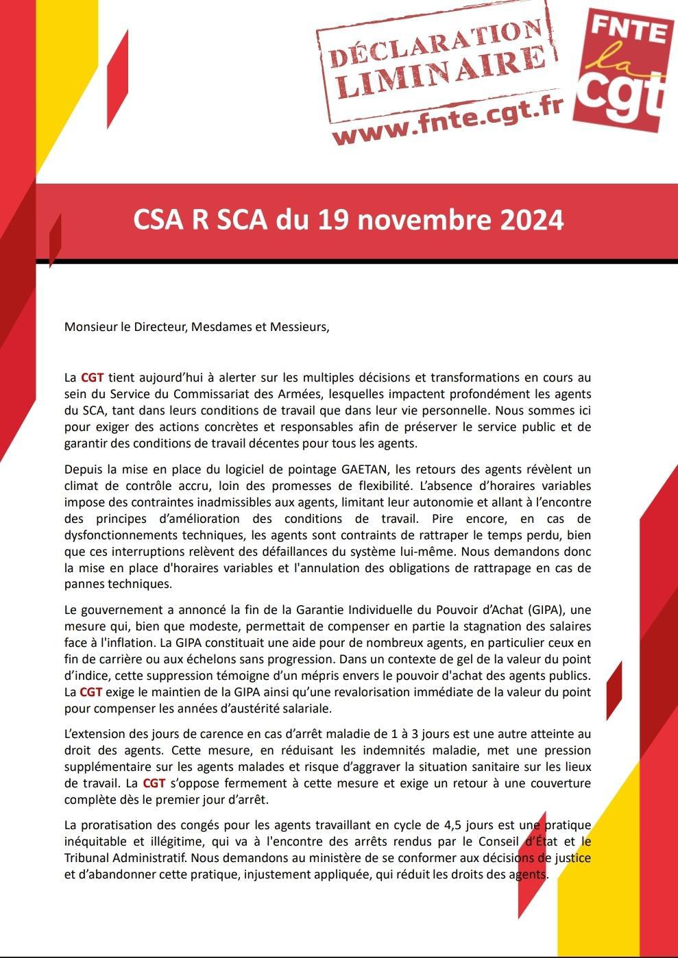 Déclaration Liminaire CSA R SCA du 19 novembre 2024