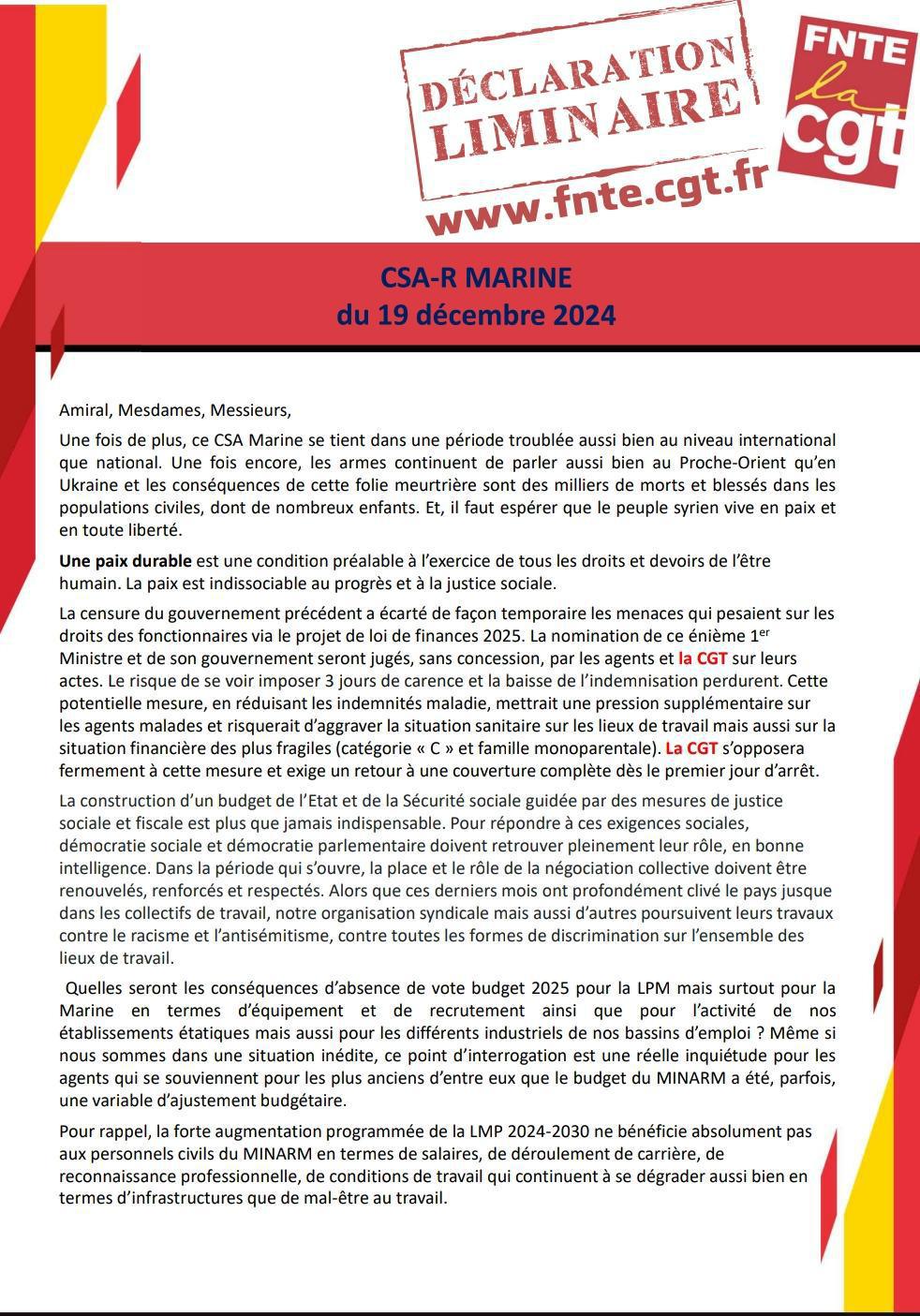 Déclaration Liminaire CSA-R MARINE du 19 Décembre 2024