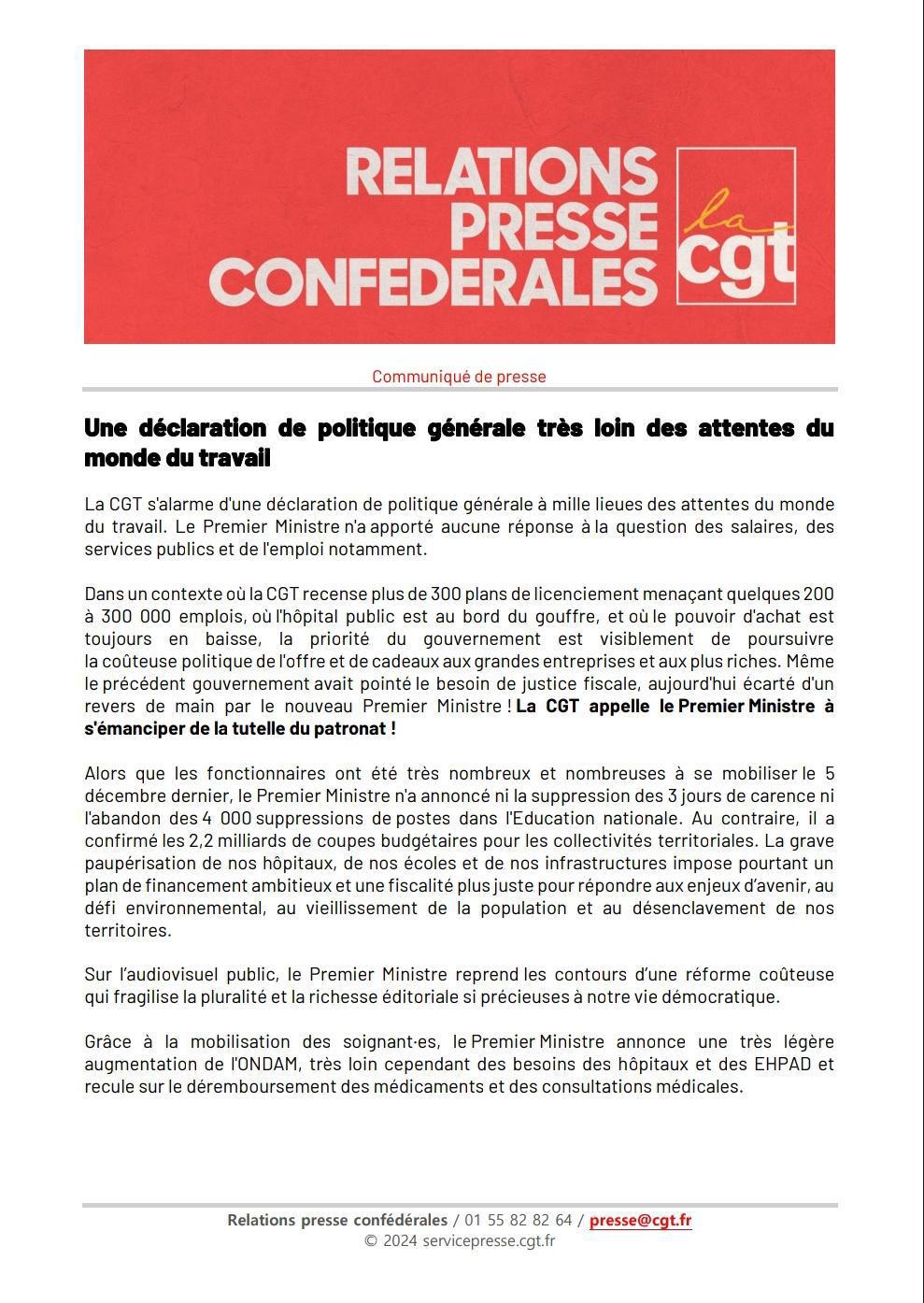 Une déclaration de politique générale très loin des attentes du monde du travail !