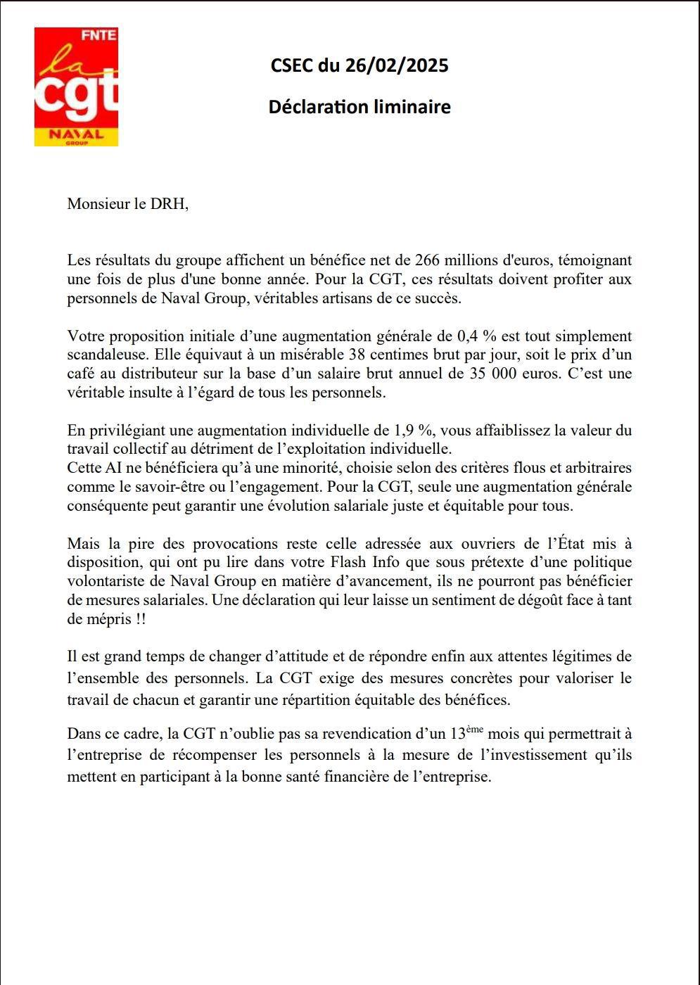 Déclaration Liminaire CSEC du 26 février 2025