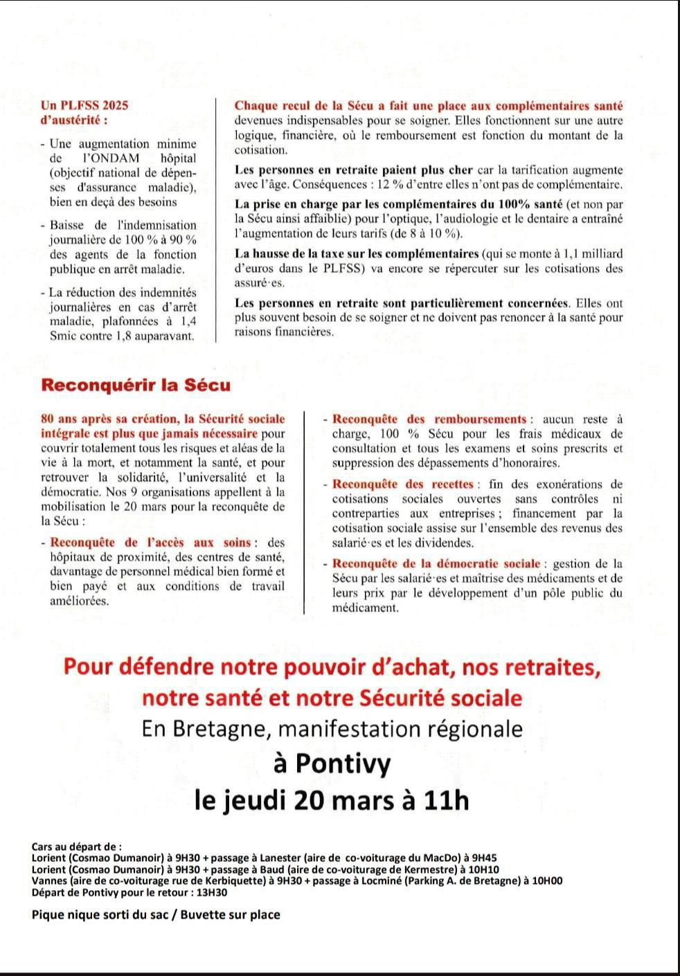 Le Jeudi 20 Mars 2025: Mobilisation à Pontivy pour défendre notre pouvoir d'achat, nos retraites, notre santé et notre Sécurité sociale