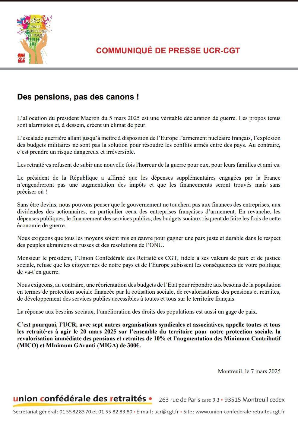 Communiqué de presse UCR-CGT : Des pensions, pas des canons !