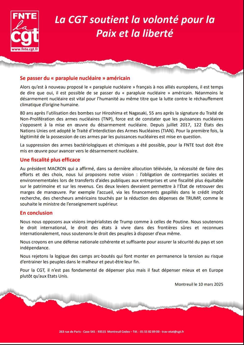 La CGT soutient la volonté pour la Paix et la Liberté