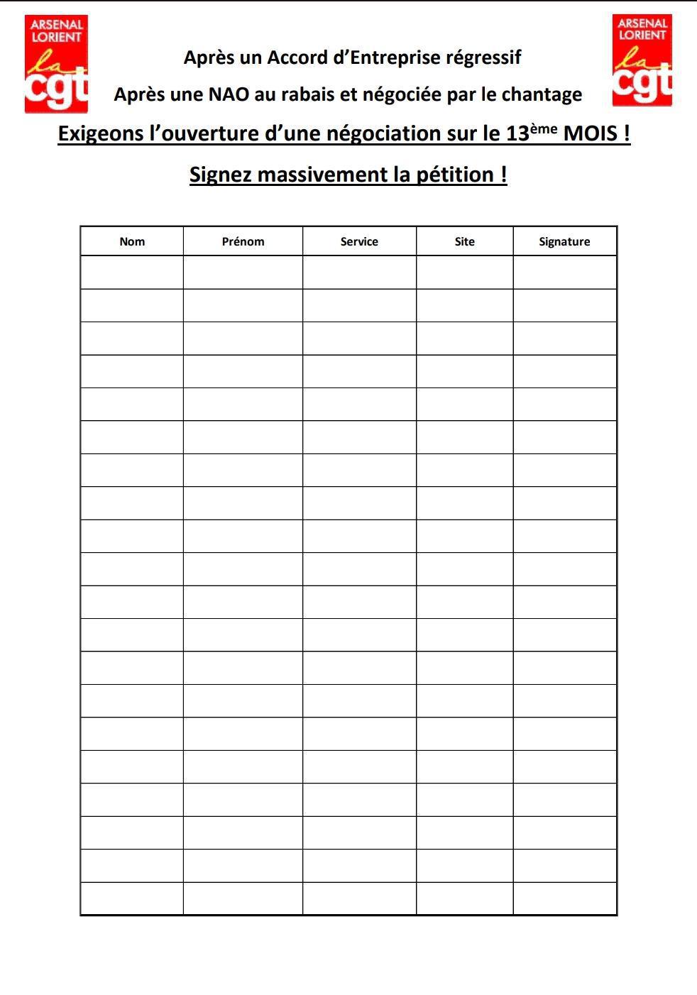 Pétition pour l'ouverture d'une négociation sur le 13ème mois.