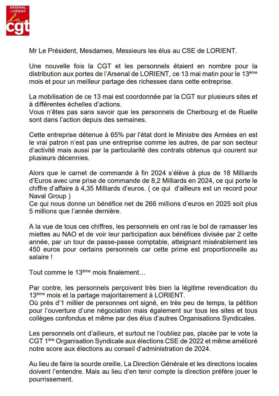 Déclaration liminaire du 13 mai 2025