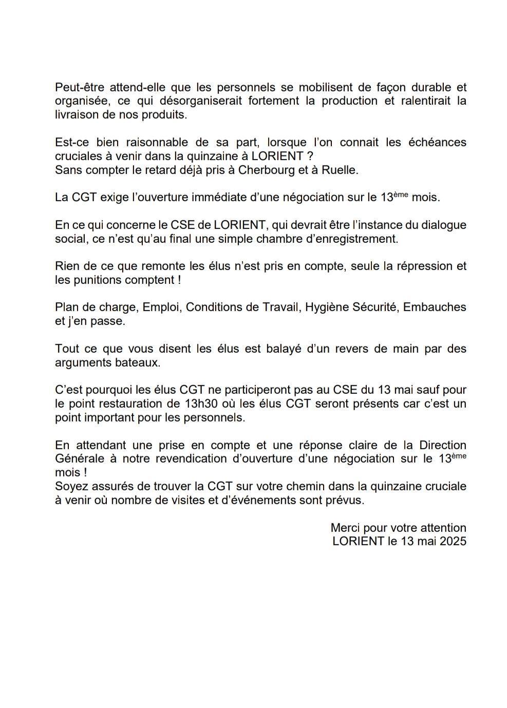 Déclaration liminaire du 13 mai 2025